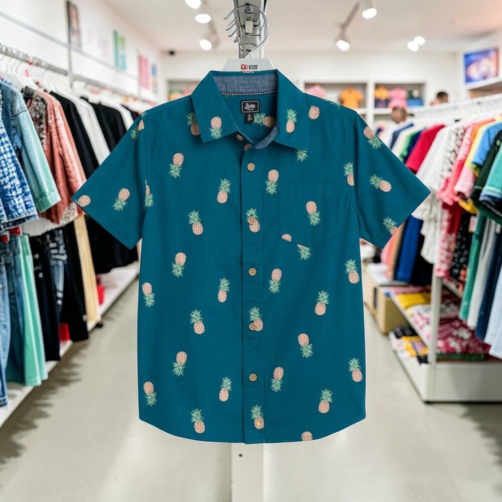 Bixby Nomad Boys Printed Button Up Shirt Navy Size M Short Sleeve NWT New